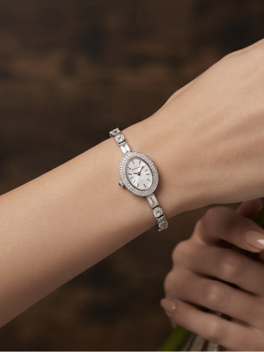 Bulova Silver Crystal-Accented Oval Ladies Bracelet Watch